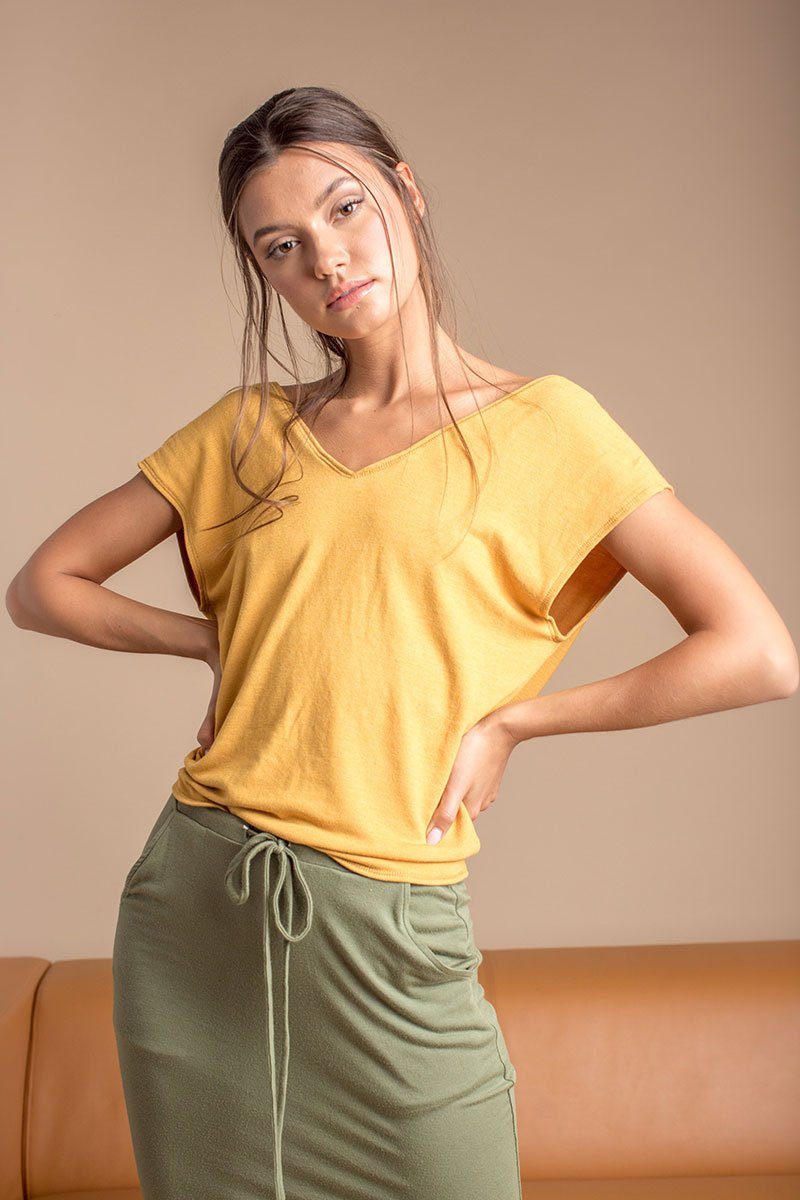 Mustard Sleeveless Tie Back V Neck Top