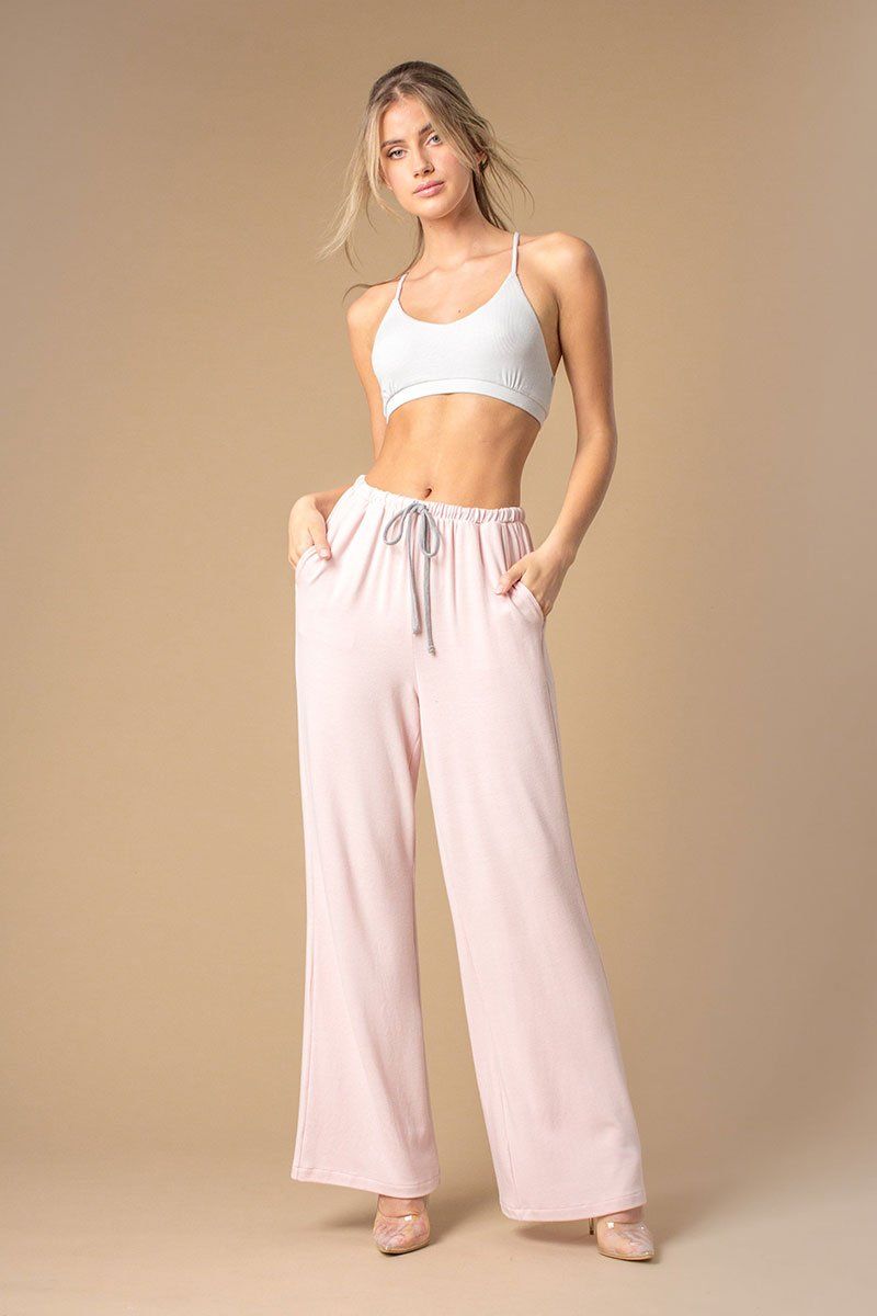 Pink Wide Leg Casual Drawstring Pants
