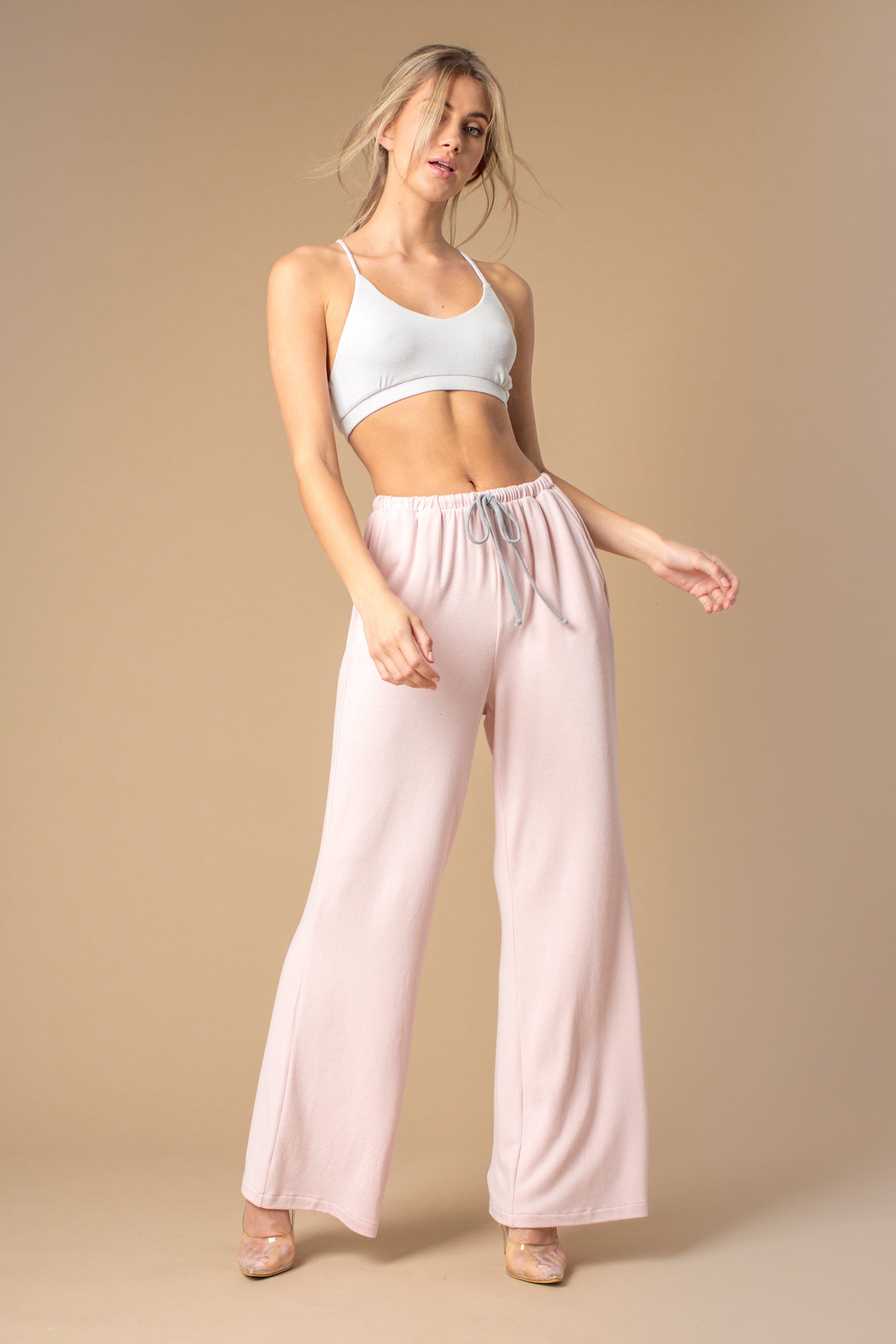 Pink Wide Leg Casual Drawstring Pants