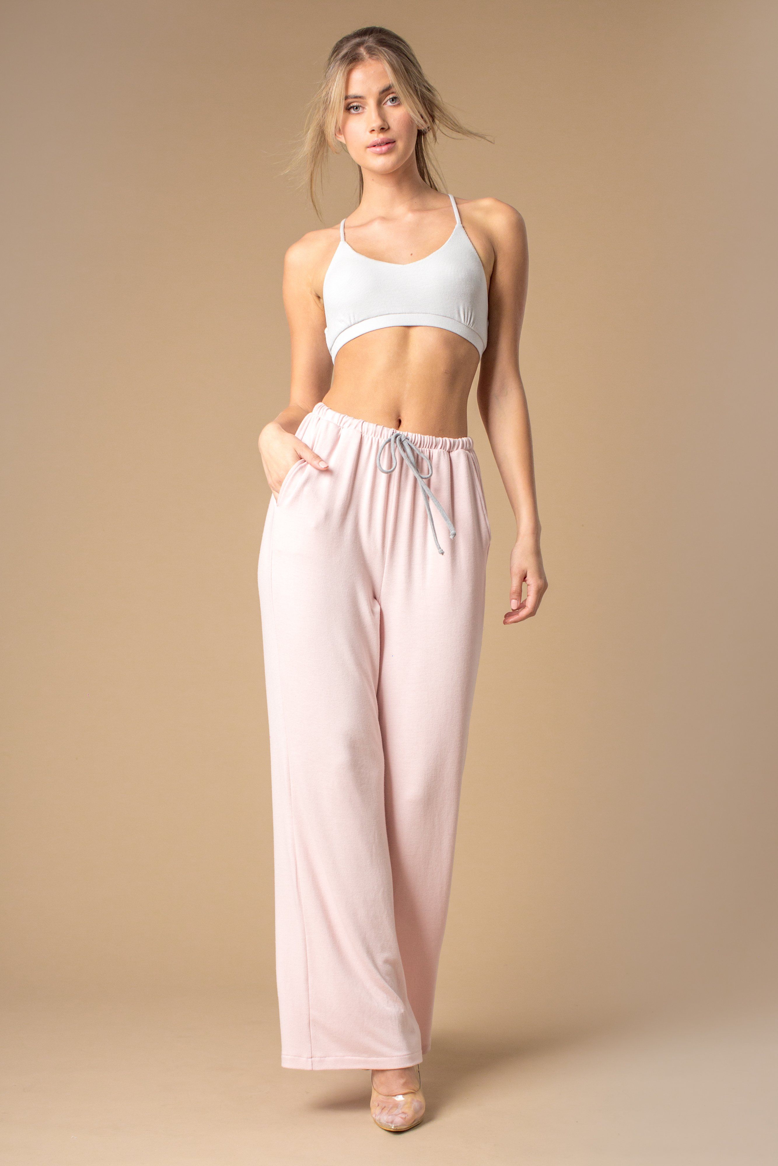 Pink Wide Leg Casual Drawstring Pants