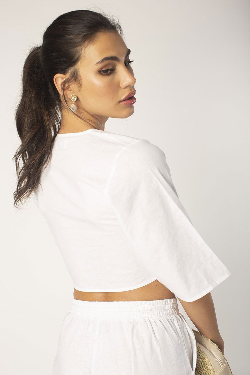 White Tie Front Half Sleeve Linen Top