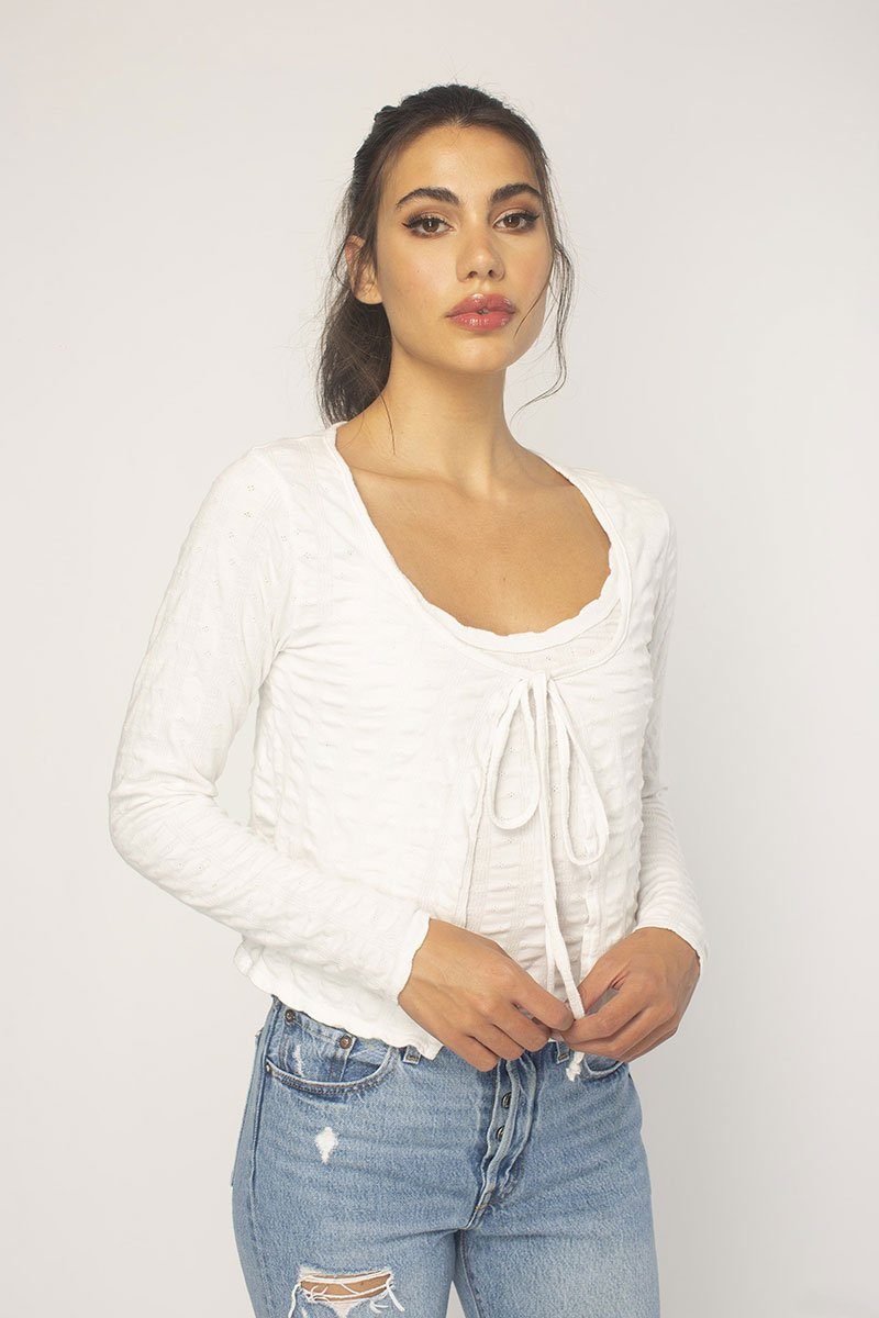 White Long Sleeve Tie Front Cardi