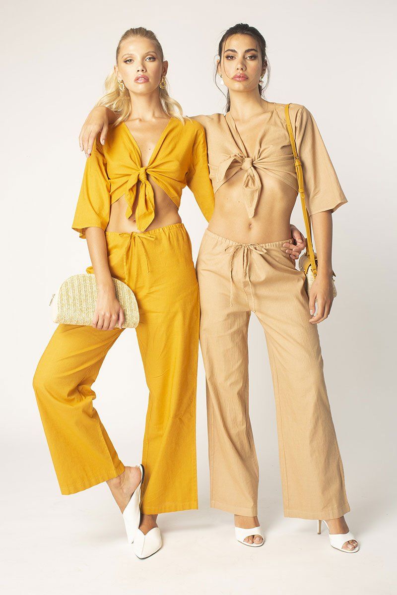 Tan Tie Front Half Sleeve Linen Top