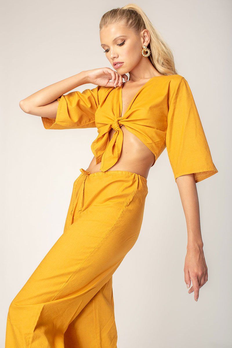 Seed Tie Front Half Sleeve Linen Top