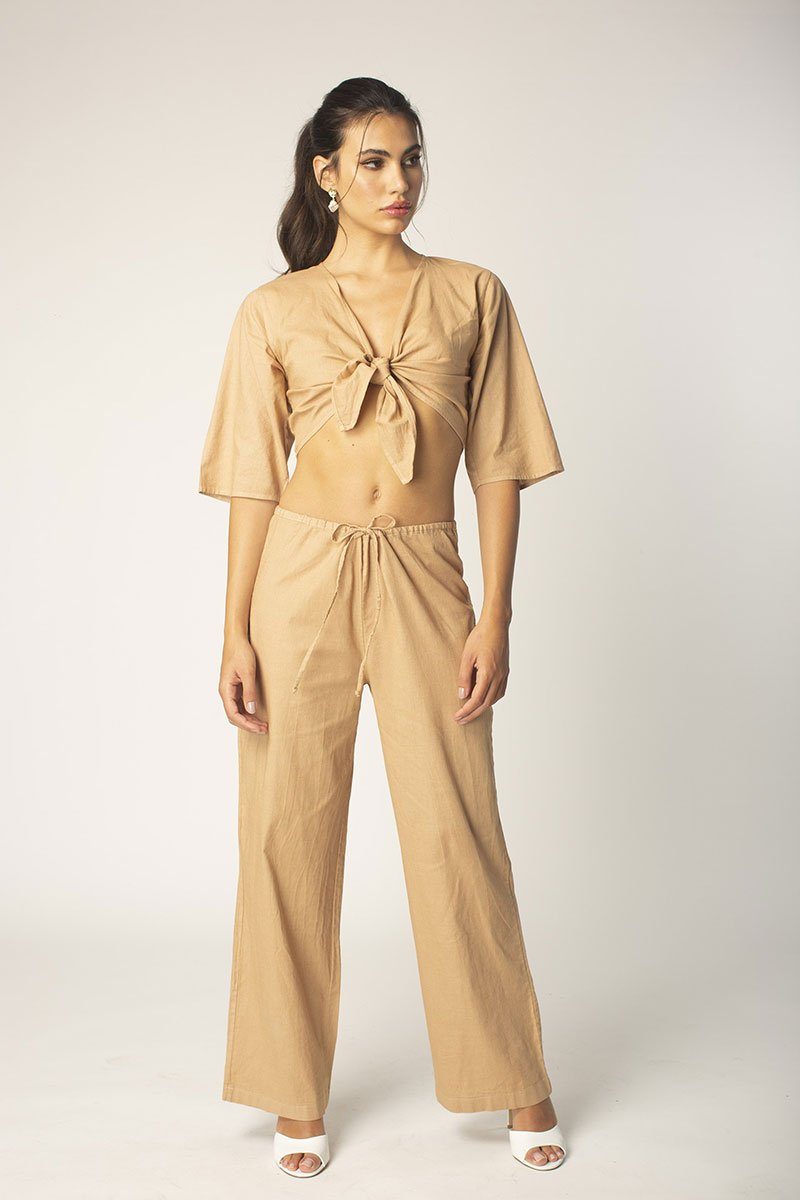 Tan Tie Front Half Sleeve Linen Top