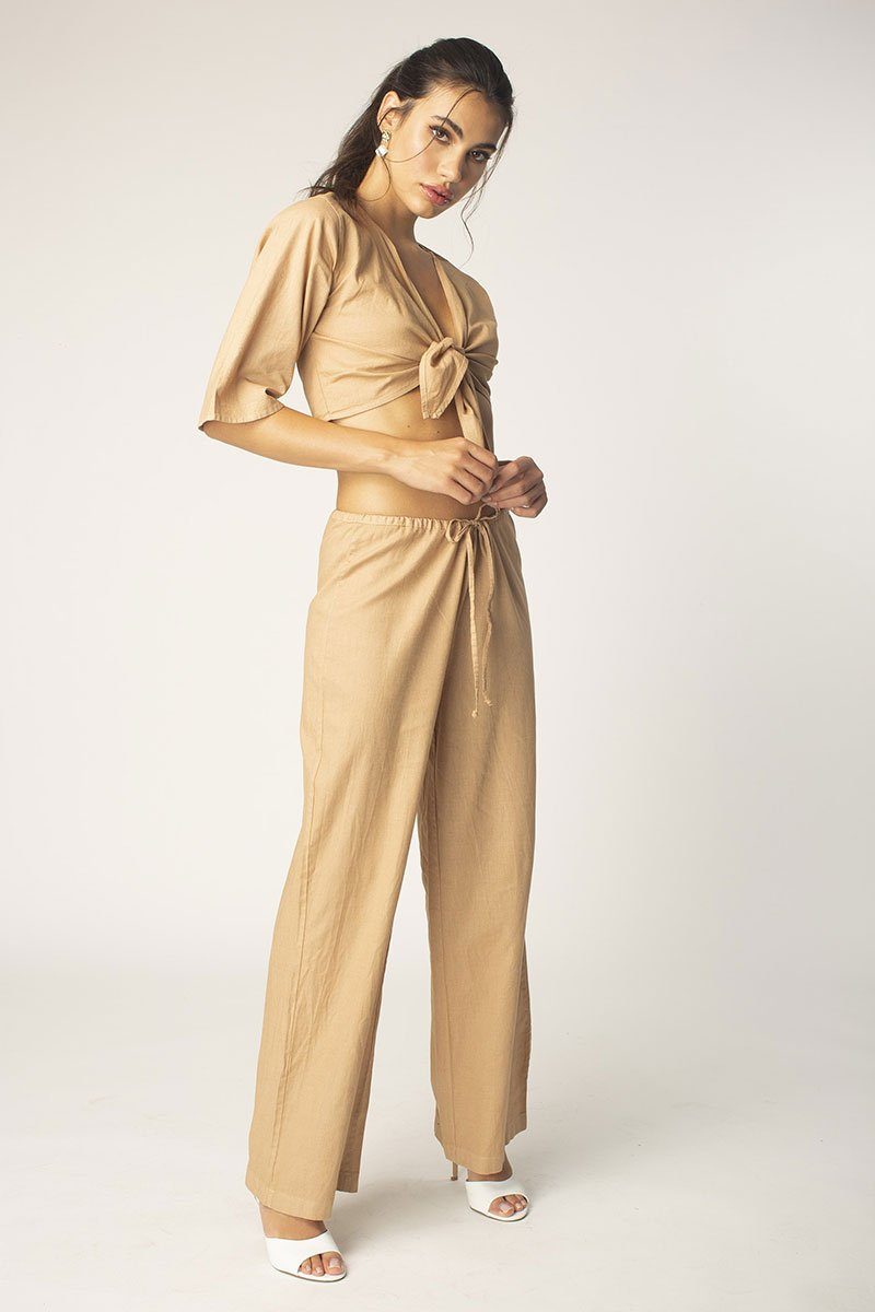 Tan Tie Front Half Sleeve Linen Top