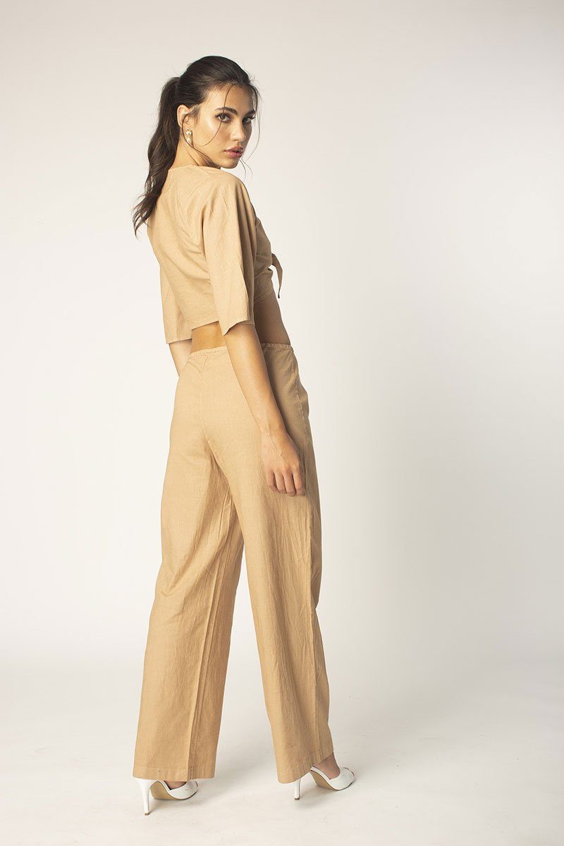 Tan Tie Front Half Sleeve Linen Top