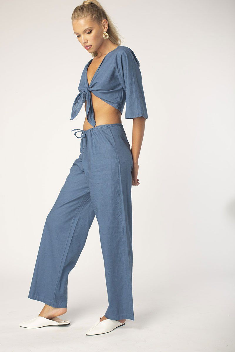 Marine Tie Front Half Sleeve Linen Top