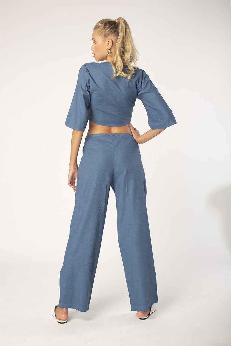 Marine Tie Front Half Sleeve Linen Top
