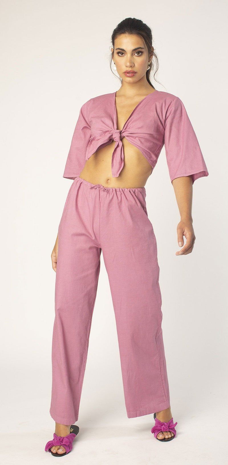 Cassis Tie Front Half Sleeve Linen Top