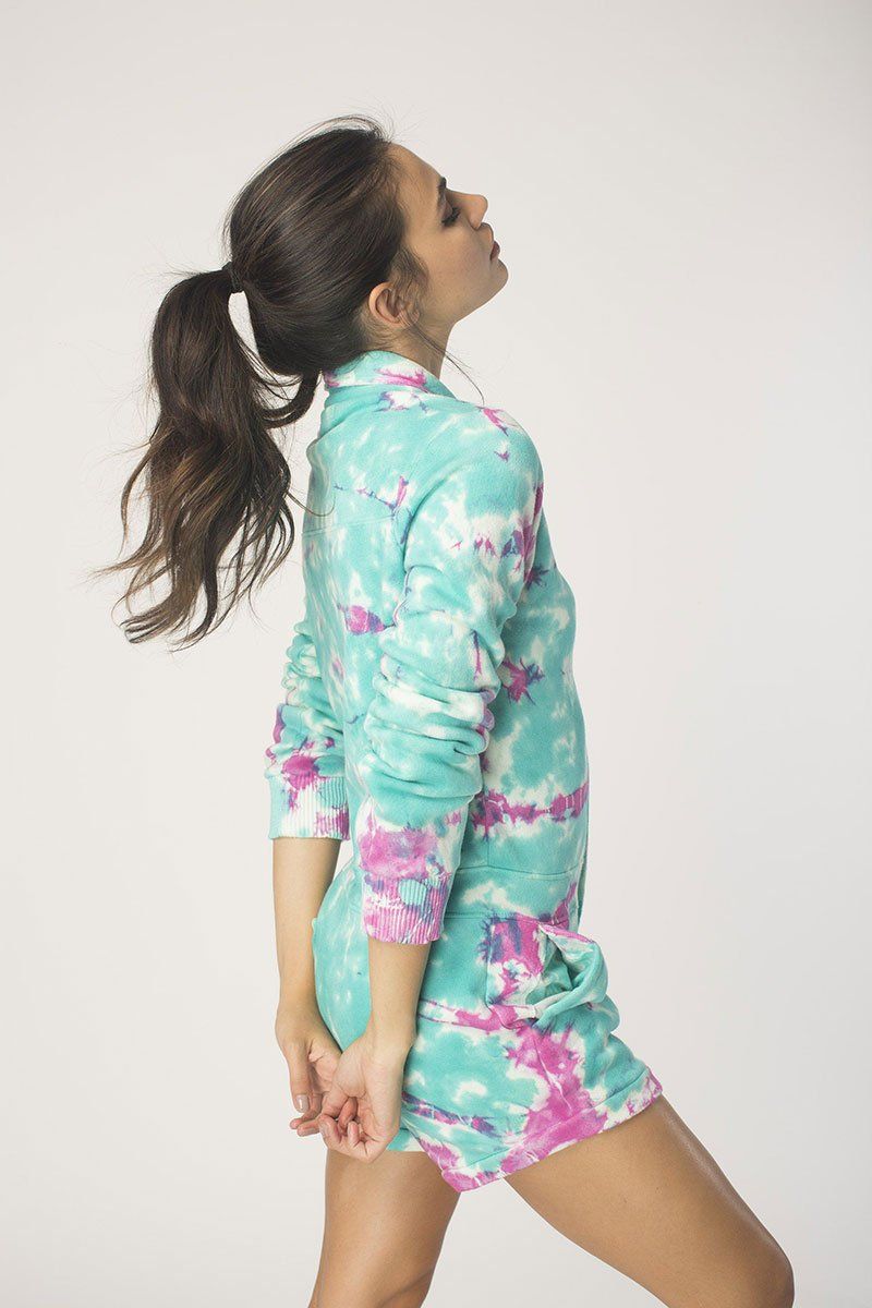 Womens Tie Dye Long Sleeve Short Coveralls Cotton Fleece Jumpsuit